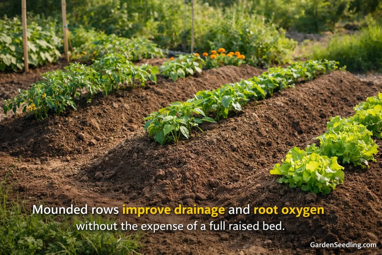 A lush vegetable garden with neatly planted rows of leafy greens in rich clay soil.