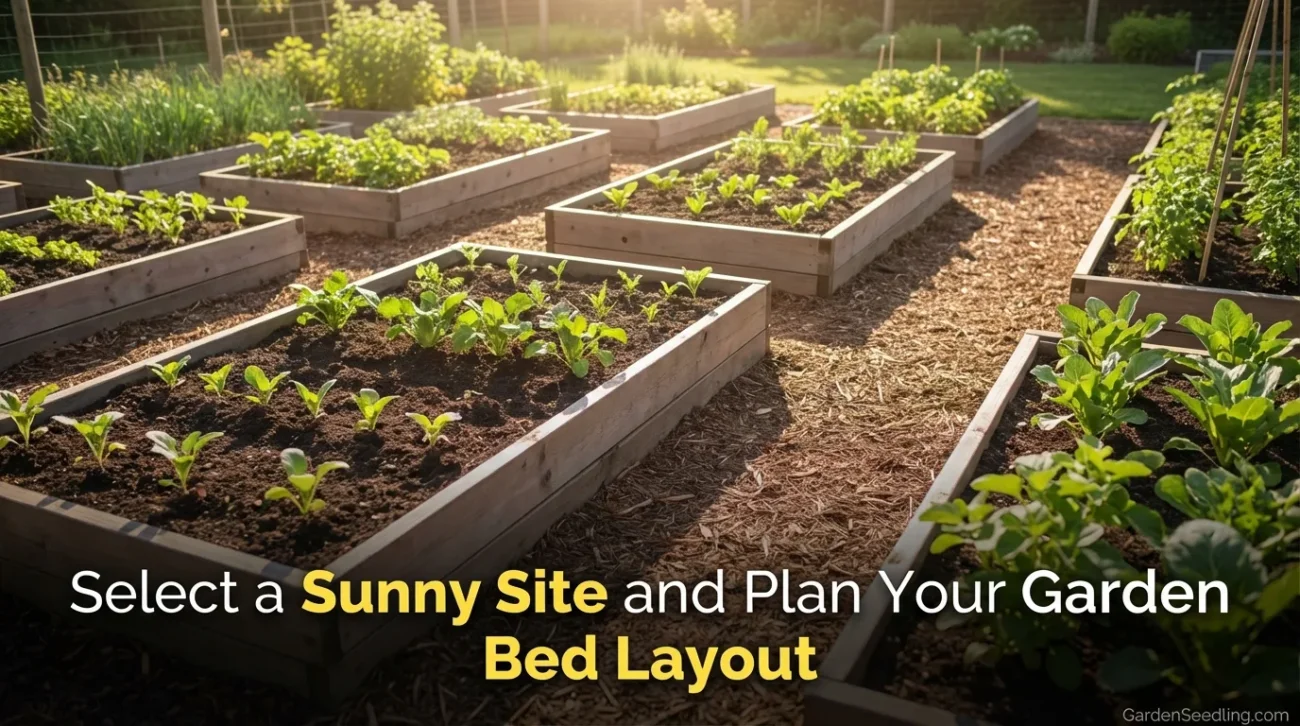 Raised garden beds filled with fresh vegetables on a sunny site.