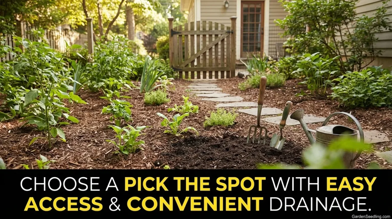 A garden gate surrounded by lush green plants and blooming flowers in a backyard.