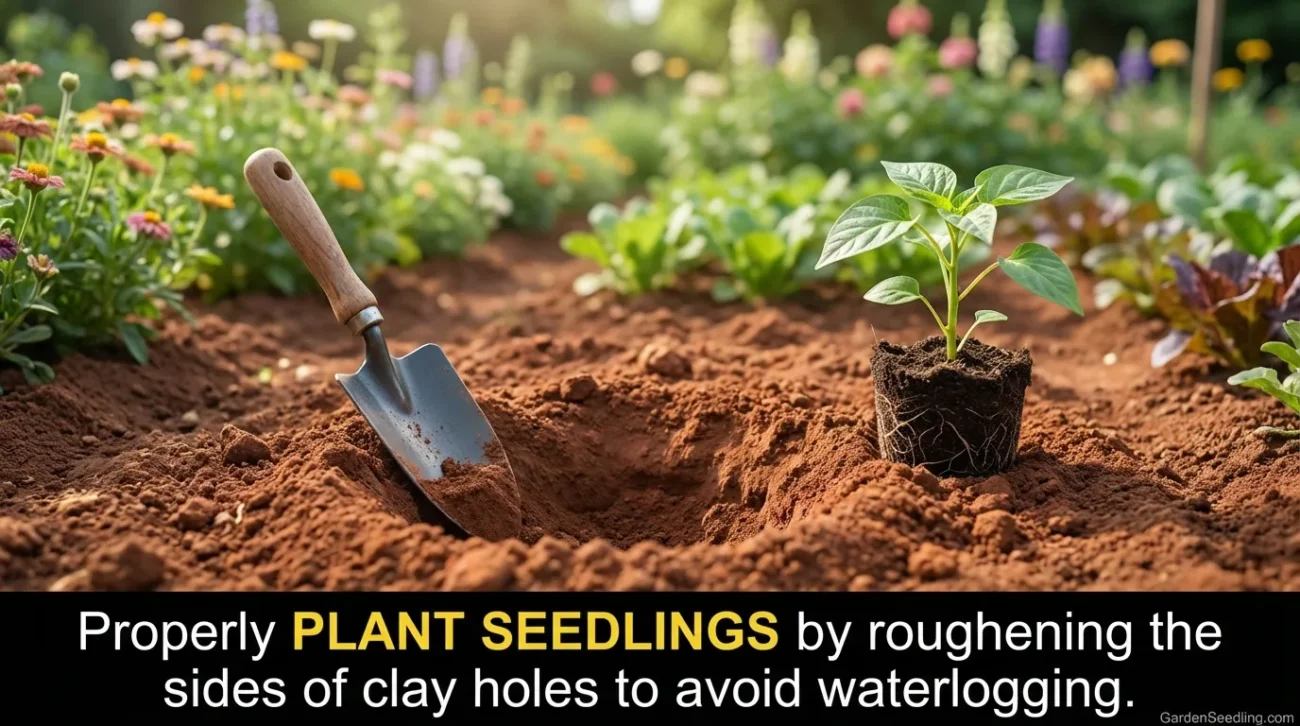 A gardener using a small shovel to plant seedlings in rich, freshly turned clay soil.