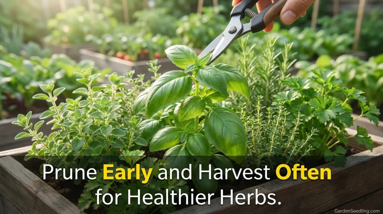 A hand trimming fresh basil leaves in a small container garden for organic herbs.