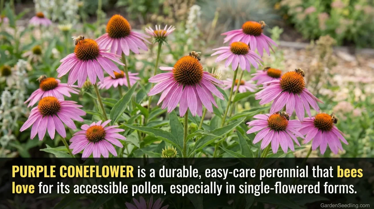 Pink coneflowers with bright orange centers blooming in a garden scene.