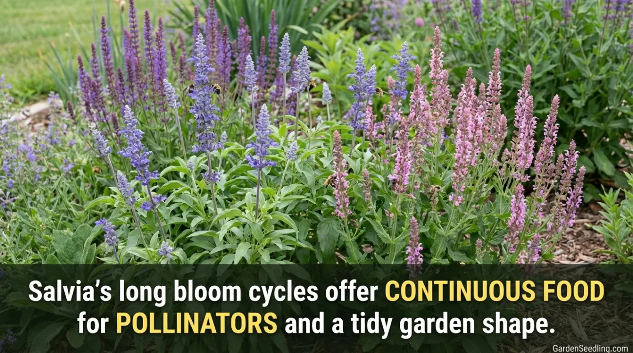 Colorful pollinator-friendly flowers and buzzing bees in a garden bed, attracting bees with vibrant blossoms.