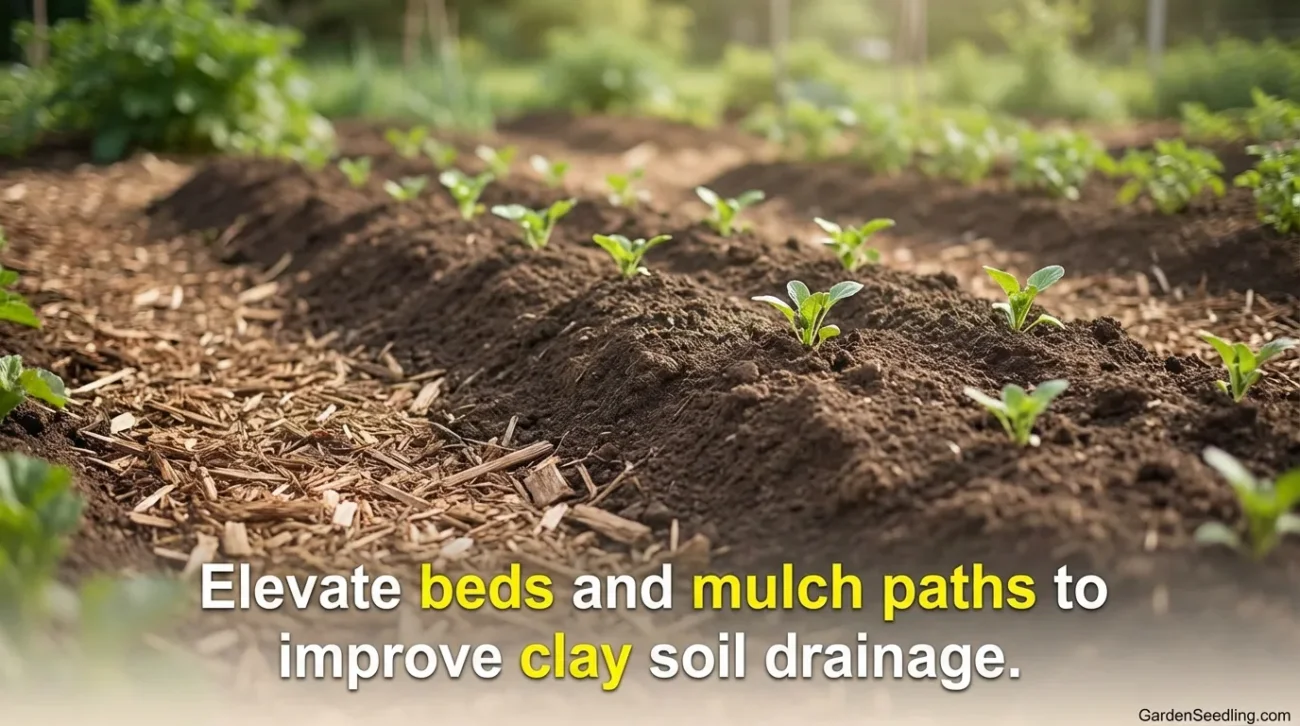 A gardener planting small seedlings in freshly tilled, rich clay soil with a garden bed in the background.
