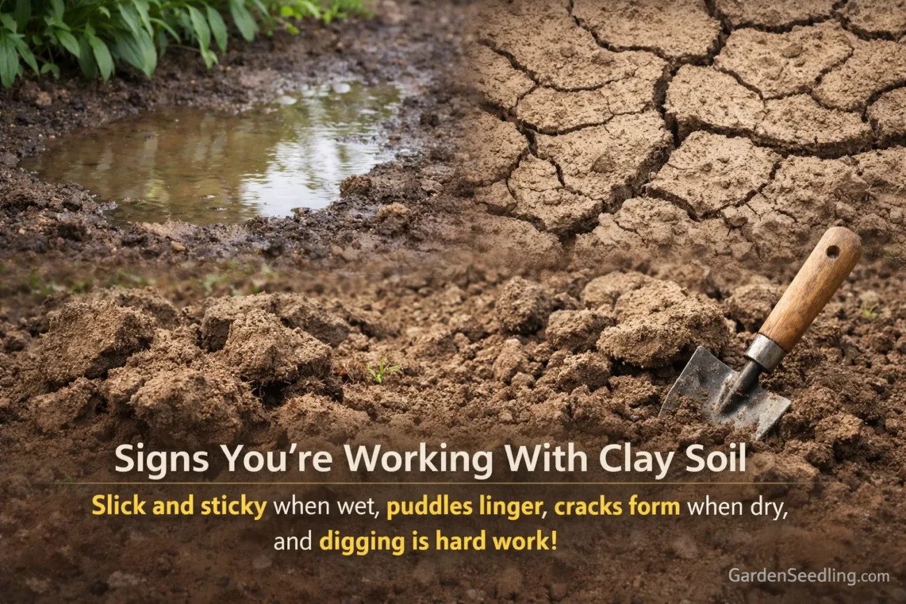 A close-up of cracked, dry clay soil with a small gardening tool in the background.