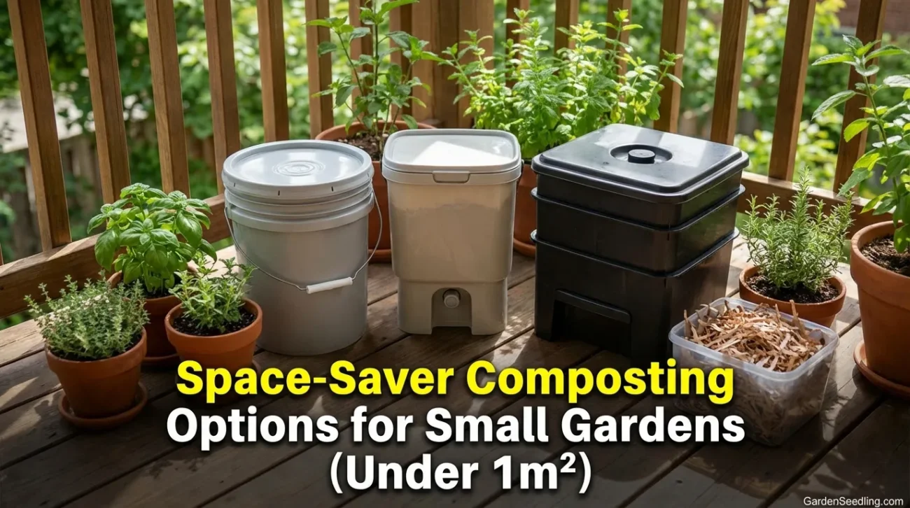 A compost bin and a bag of compost in a garden with green foliage behind.