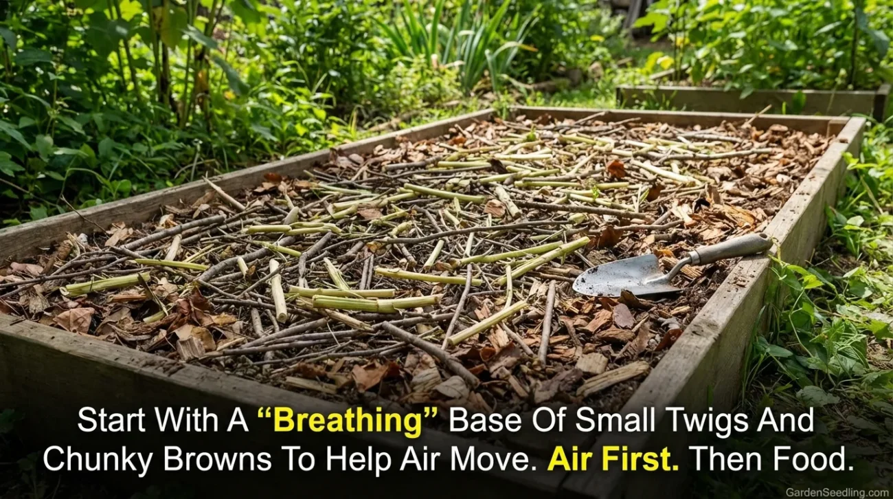 A compost pile with dried leaves and twigs in a garden setting, ready for starting the process.