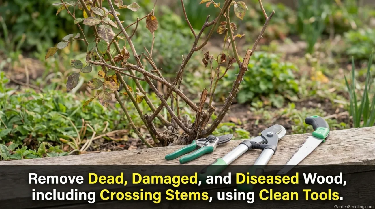 A gardener trims a flowering shrub with pruning shears in a garden during spring.