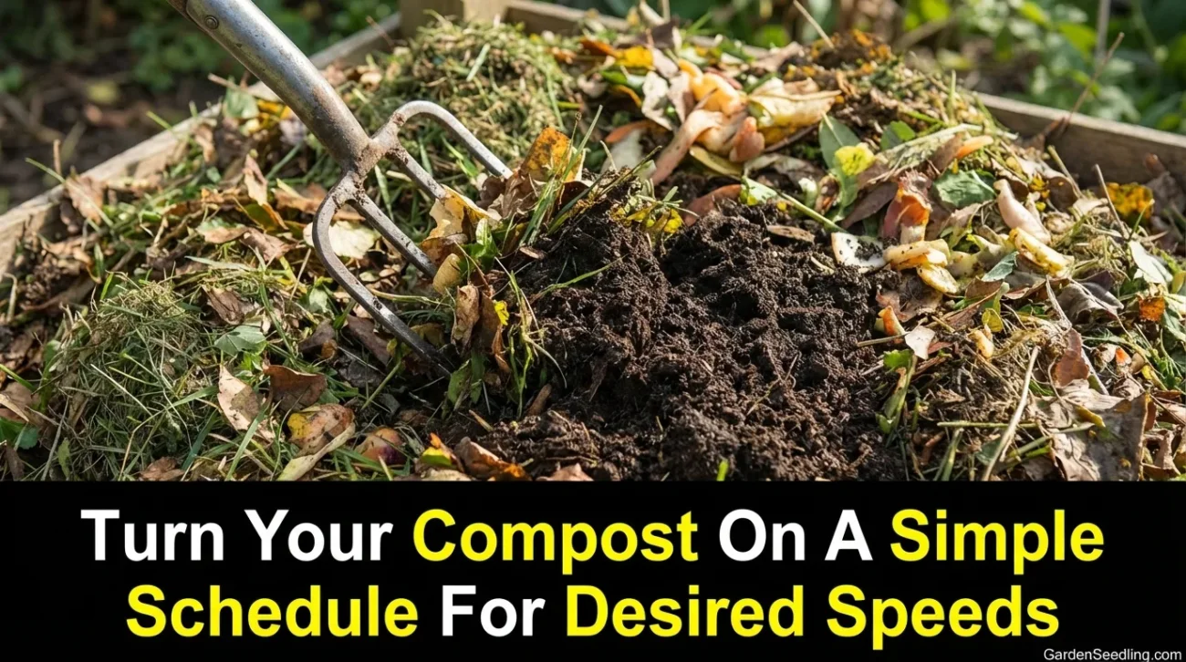 A compost pile with dark soil and decaying plant material on a garden bed.