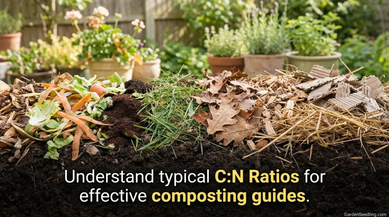 A small compost pile with fallen leaves and a garden trowel in a lush backyard setting.