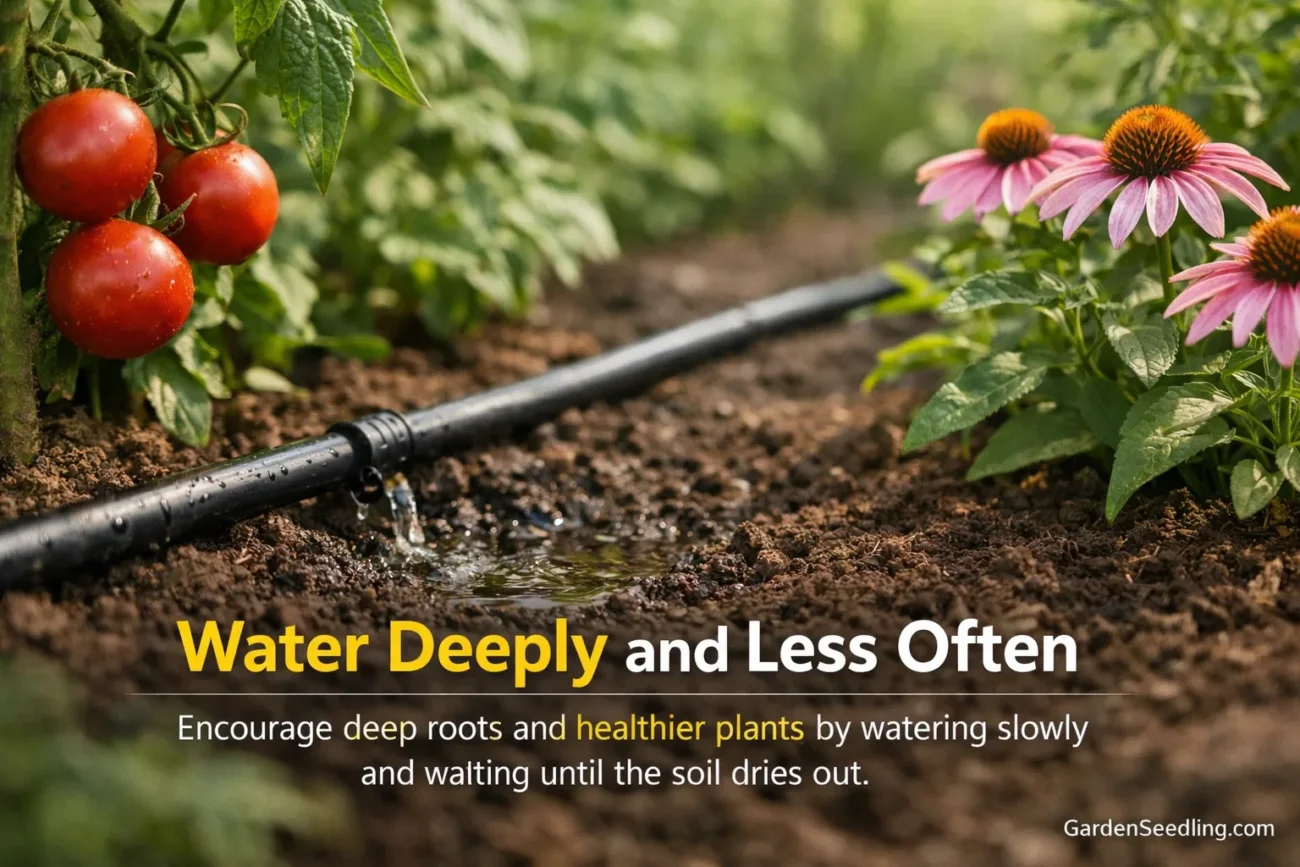 A garden bed with blooming pink and orange flowers in a lush green yard, demonstrating planting in clay soil.