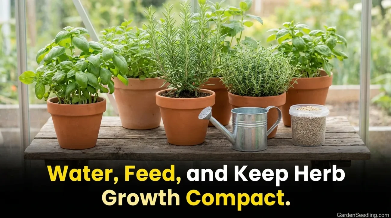 A small terracotta pot filled with lush green basil herbs on a garden table.