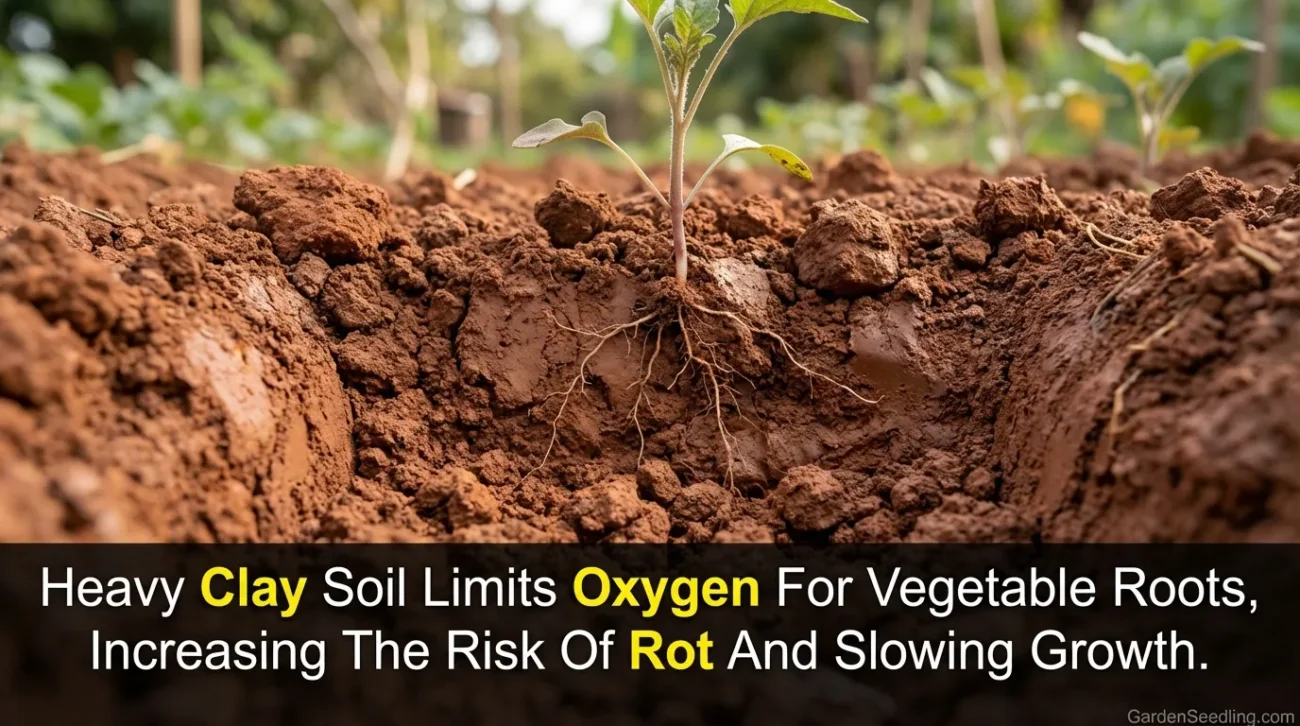 A young plant sprouting from rich, red clay soil with tiny roots underground.