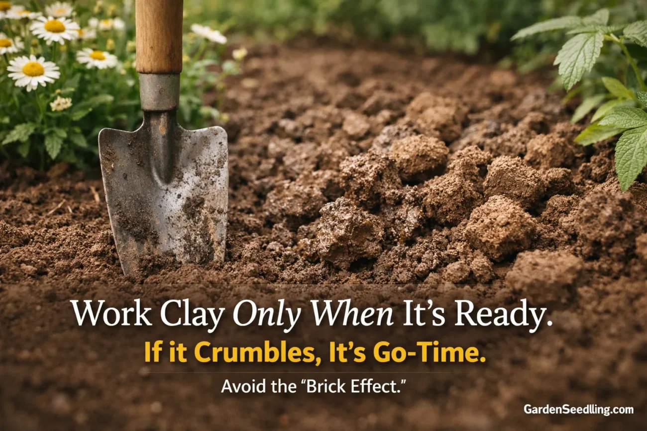 A gardener's shovel digging into compacted clay soil, preparing ground for planting vegetables.