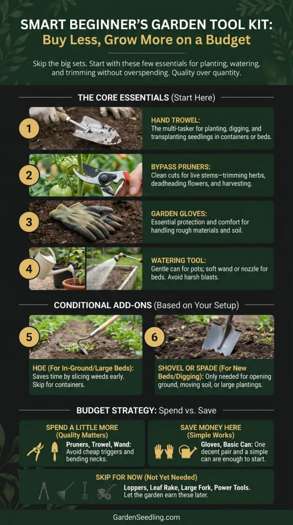A beginner's garden shows various tools, plants, and watering cans, emphasizing ease and simplicity for new gardeners.