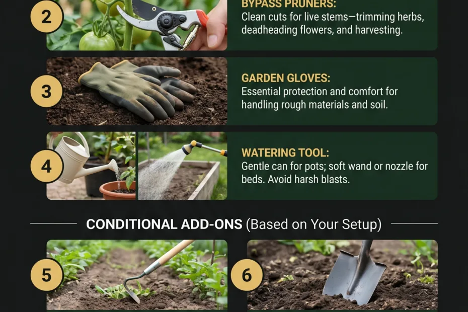 A beginner's garden shows various tools, plants, and watering cans, emphasizing ease and simplicity for new gardeners.
