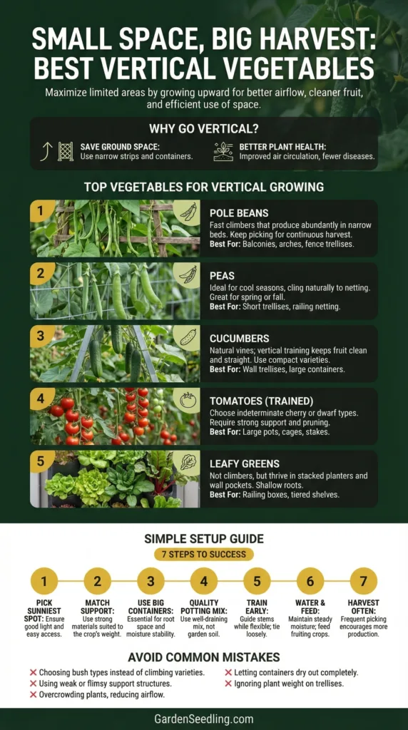 A lush green tomato plant growing vertically in a small garden space.