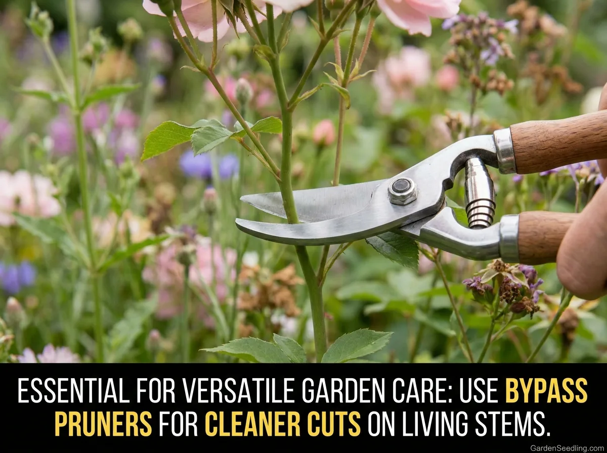 A gardener's trowel and pruning shears in a colorful flower garden, perfect tools for beginners starting their gardening jour…