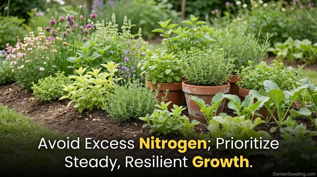 A lush garden scene with various green plants in terracotta pots, showcasing healthy growth in spring.