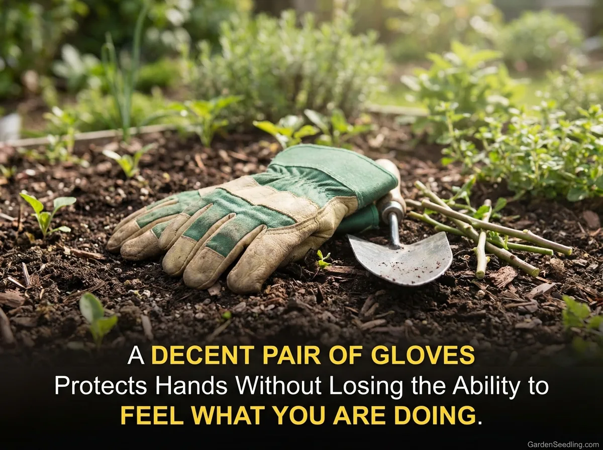 A gardener's hand holding a pair of gloves, ready to start a beginner-friendly garden project on a budget.