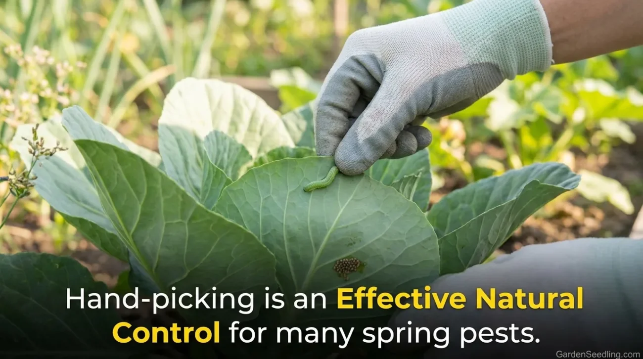 A gardener wearing gloves tends to a healthy green plant in a spring garden.