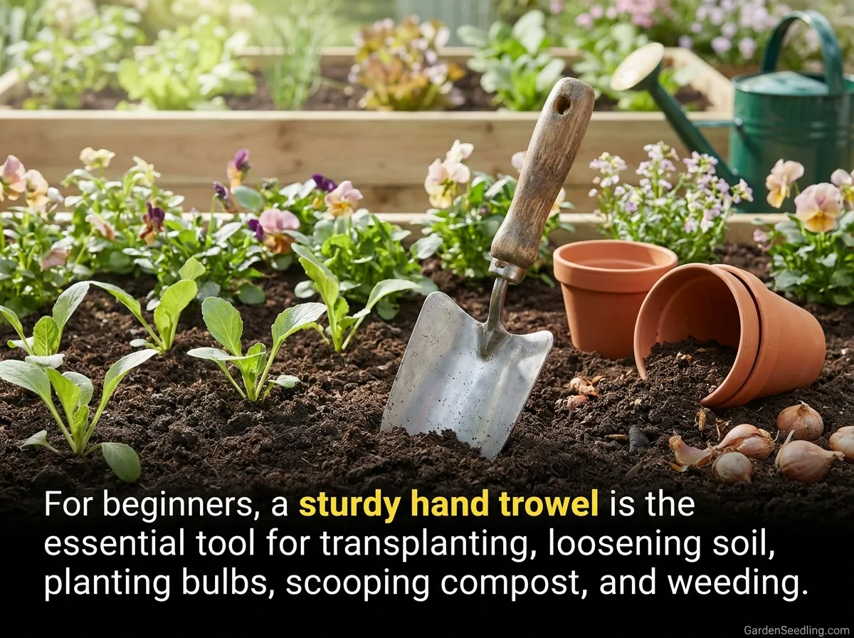 A sturdy hand trowel from the best first garden tools for beginners line, perfect for planting and digging in small gardens.