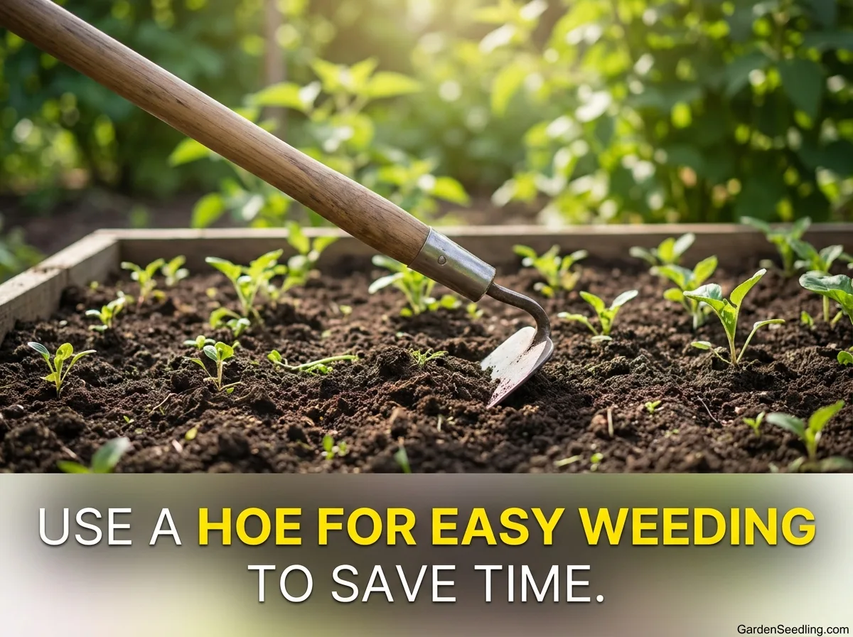 A gardener using a hand tool to weed a lush green garden, emphasizing simple tools for beginners.