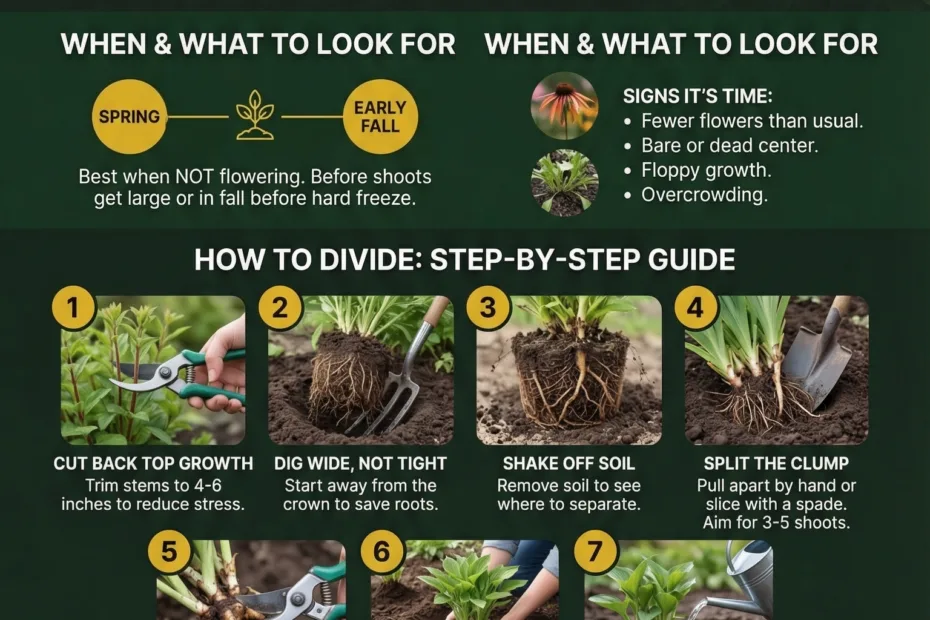 A gardener using a shovel to divide a cluster of blooming perennials in a vibrant garden.