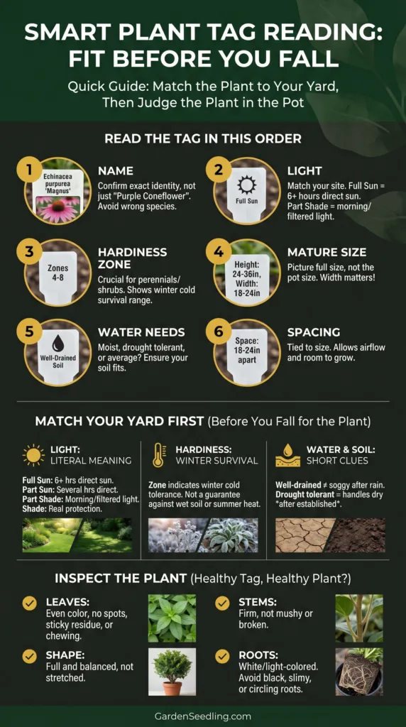 Step-by-step guide on how to read plant tags at garden centers to choose healthy plants.