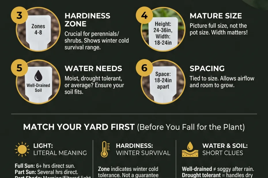 Step-by-step guide on how to read plant tags at garden centers to choose healthy plants.