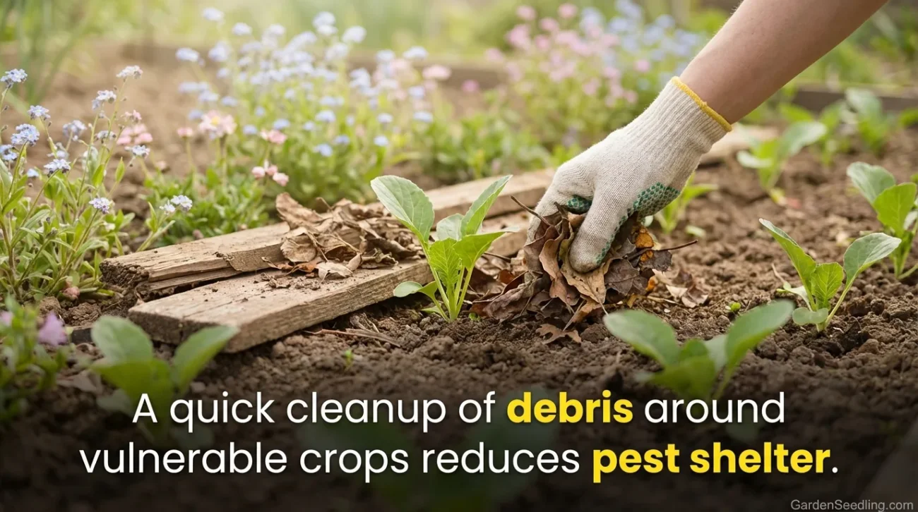 A gardener's hand removes debris around young spring plant to naturally reduce pests in the garden.