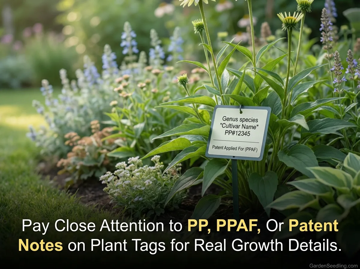 A small garden scene focusing on a plant tag with blooming flowers in the background, illustrating reading plant labels.