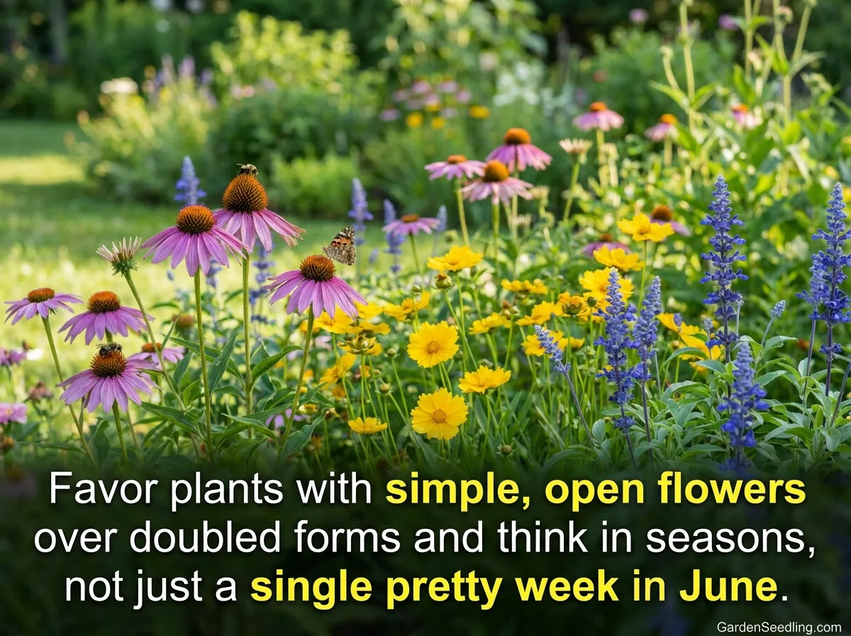 Colorful garden filled with flowers and lush greenery, showcasing plants with simple, open growth habits perfect for sunny spâŚ