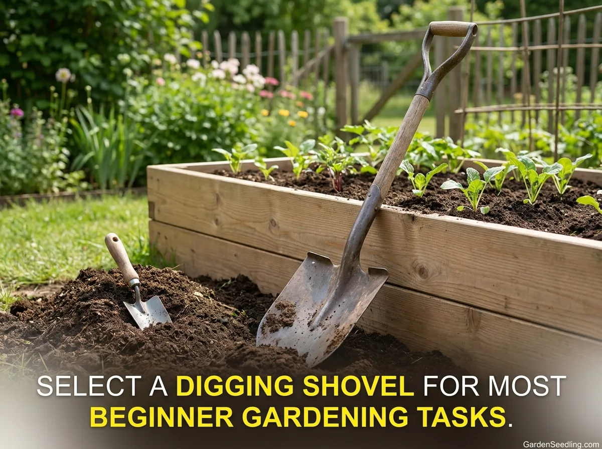 A beginner gardening scene showing a digging shovel in a lush garden bed for first-time tools on a budget.