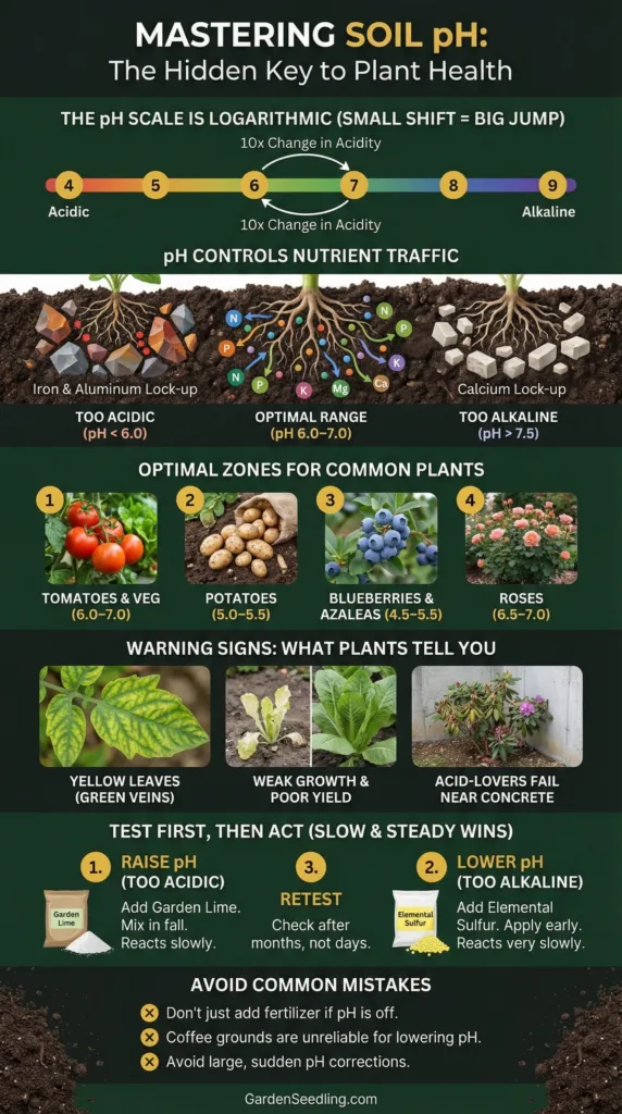 A gardener testing soil pH with a small handheld device in a garden bed filled with blooming flowers.