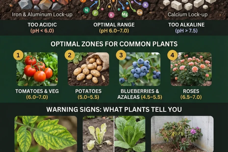 A gardener testing soil pH with a small handheld device in a garden bed filled with blooming flowers.