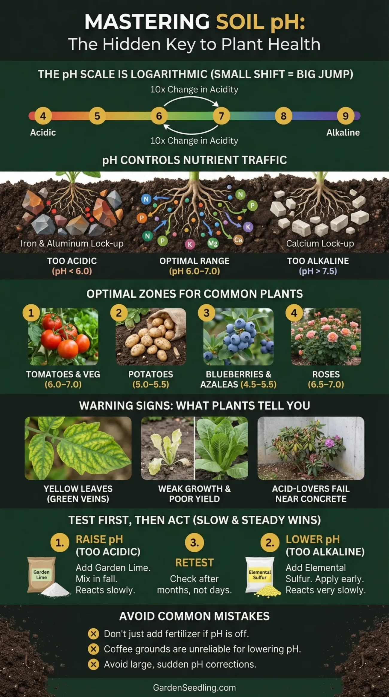 A gardener testing soil pH with a small handheld device in a garden bed filled with blooming flowers.