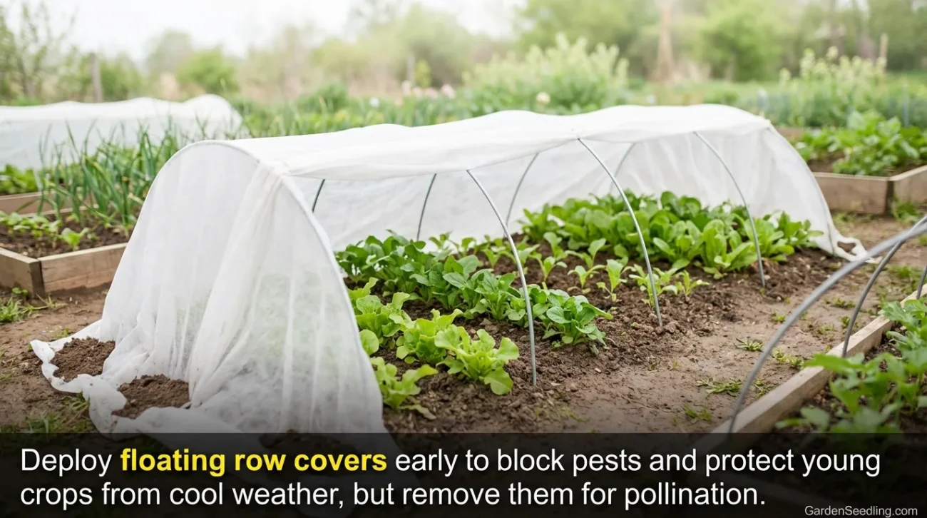 Young lettuce plants grow inside a small greenhouse early in spring to protect them from pests.