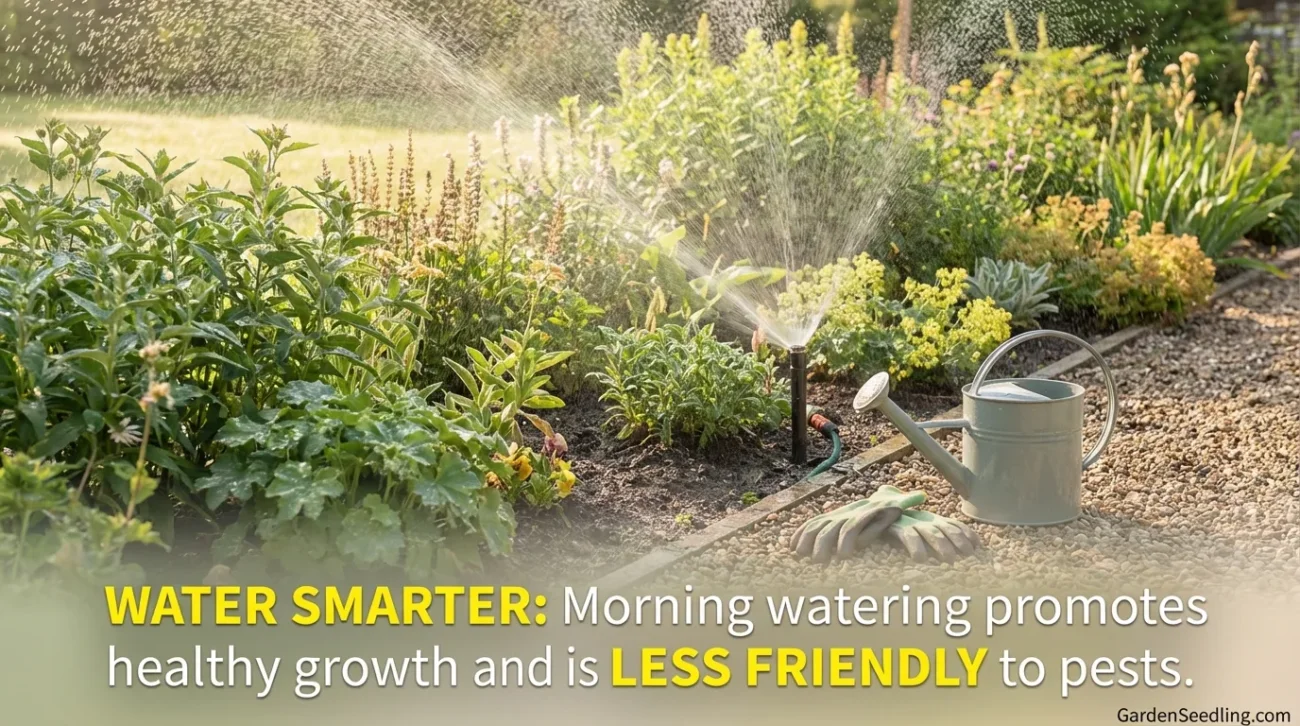 A garden sprinkler waters blooming flowers in a lush spring garden.