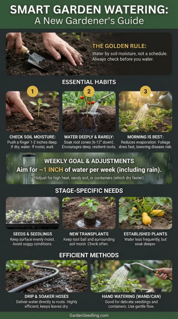 A gardener watering young plants in a lush garden with a hose during the day.