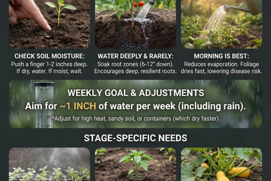 A gardener watering young plants in a lush garden with a hose during the day.