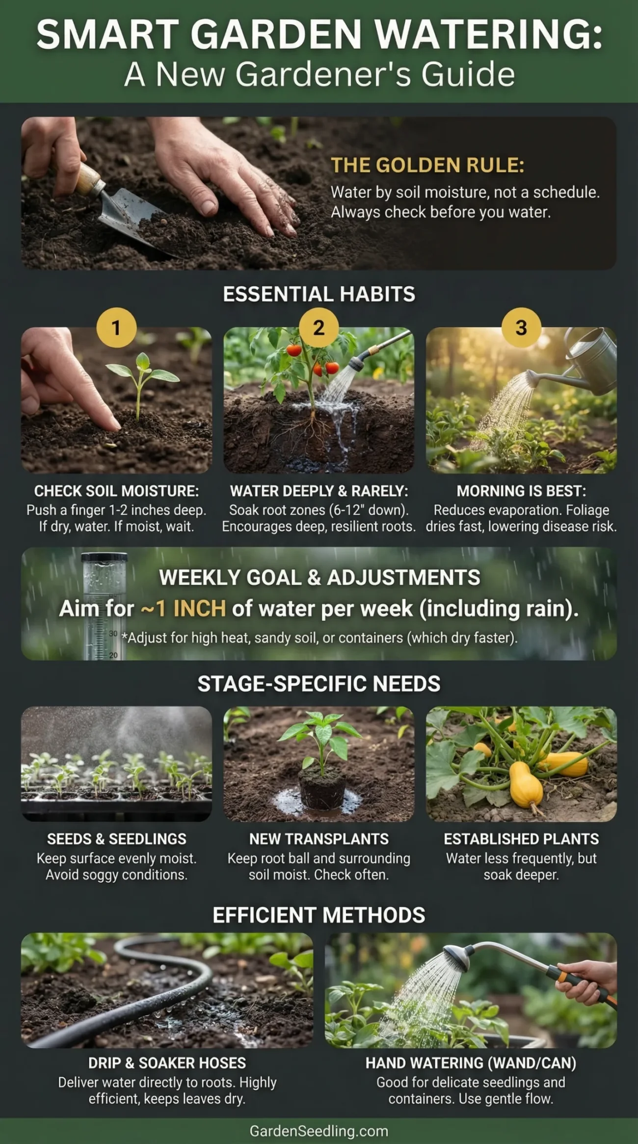 A gardener watering young plants in a lush garden with a hose during the day.