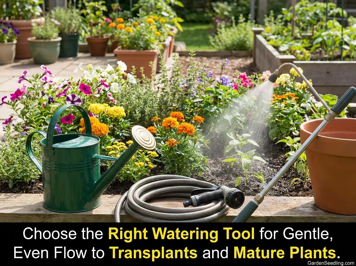 A garden scene showing beginner-friendly tools like watering cans, hoses, and small gardening tools in a colorful flower gard…