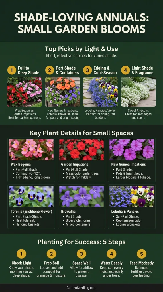 Colorful shade-loving annual flowers brightening small garden spaces with vibrant blooms and lush foliage.