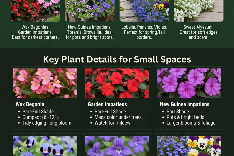 Colorful shade-loving annual flowers brightening small garden spaces with vibrant blooms and lush foliage.