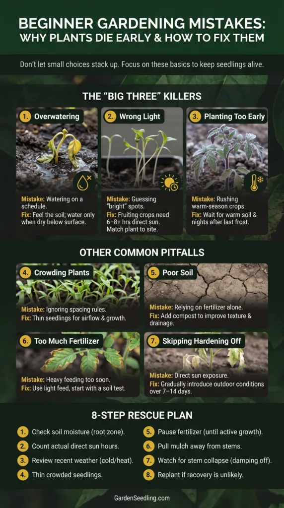 Beginners making typical gardening errors, such as overwatering or poor soil, can damage plants early in the season.