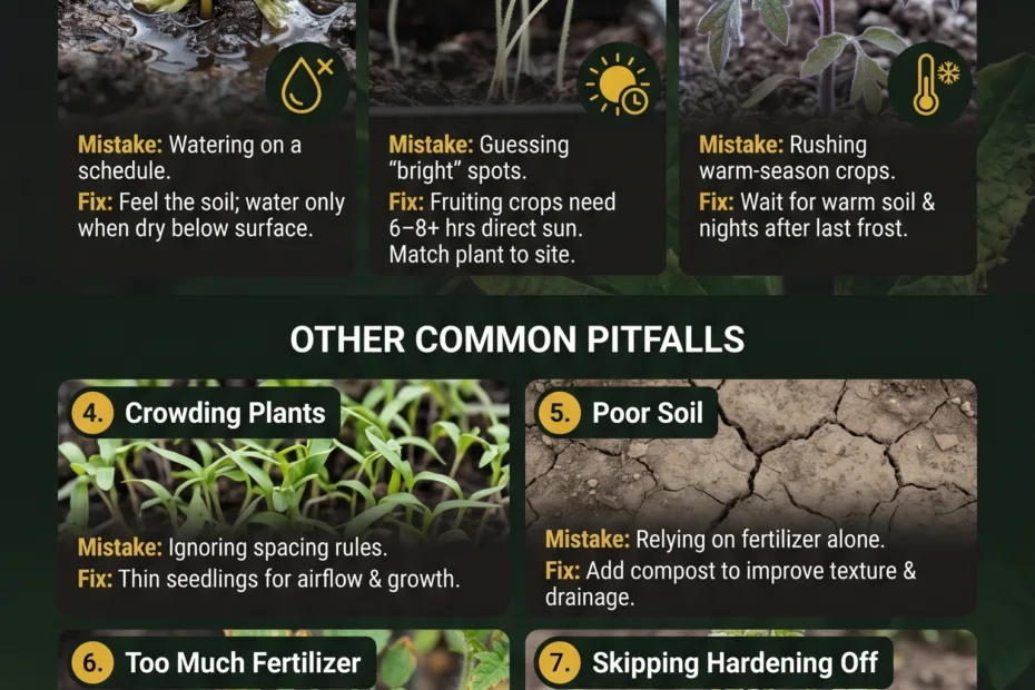 Beginners making typical gardening errors, such as overwatering or poor soil, can damage plants early in the season.