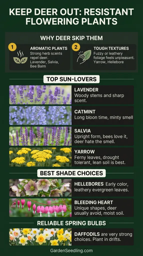 Different deer resistant flowering plants like lavender, catmint, salvia, yarrow, and hellebores for front yard beds