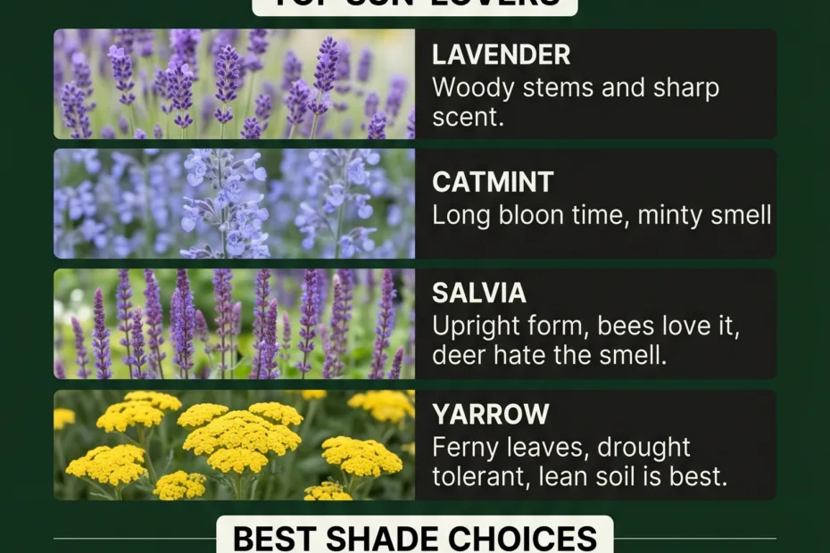 Different deer resistant flowering plants like lavender, catmint, salvia, yarrow, and hellebores for front yard beds