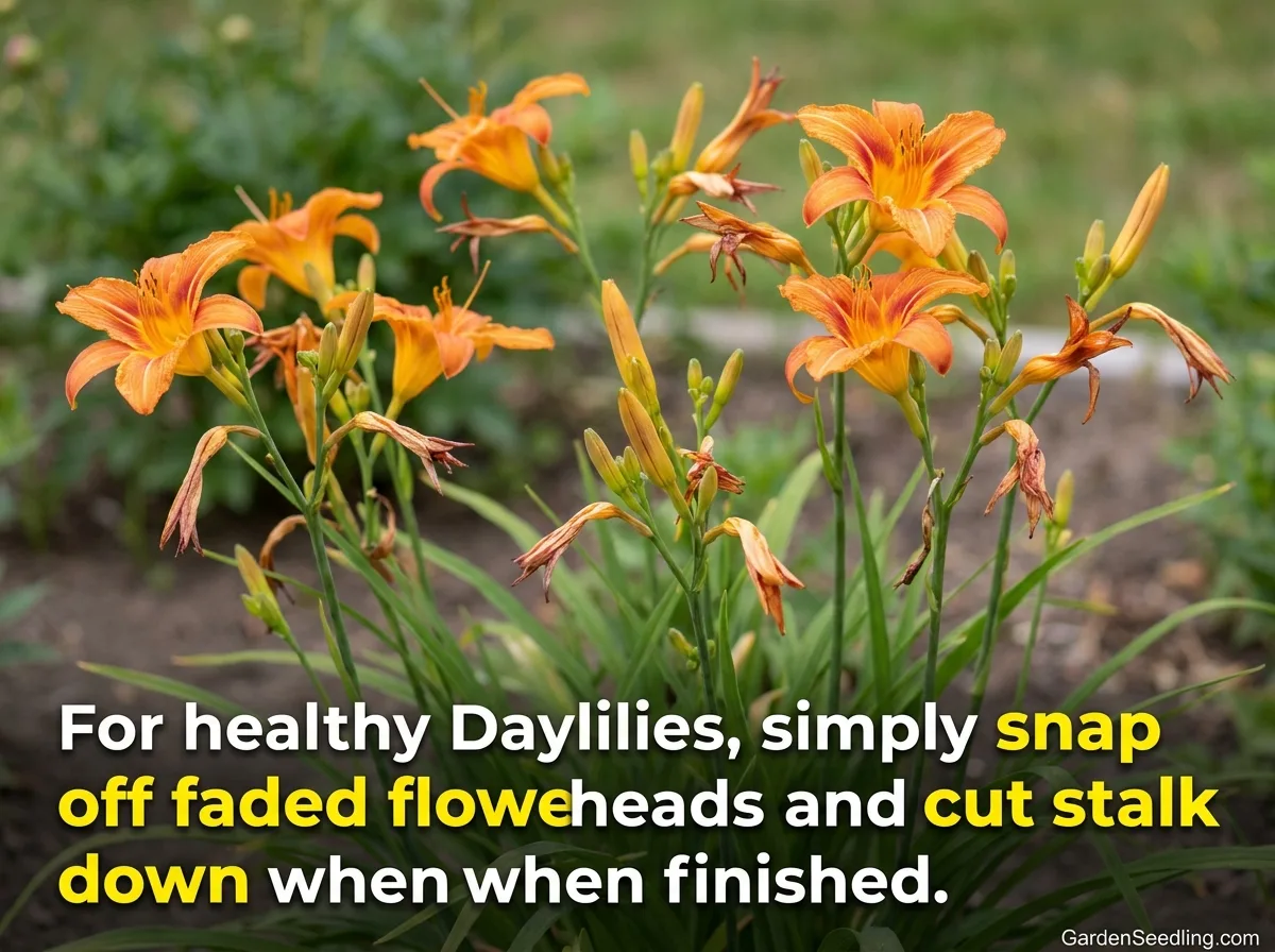 A gardener deadheading bright orange lilies to encourage more blooms and maintain a vibrant garden.